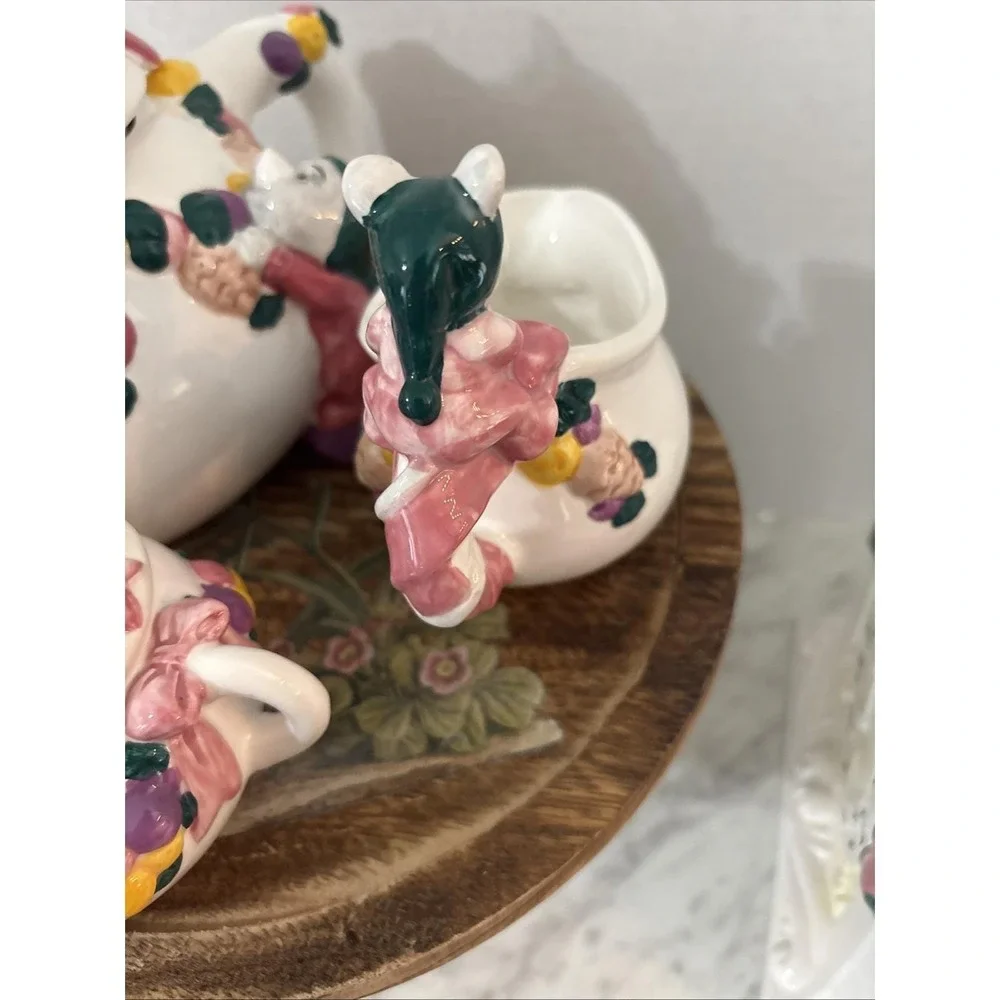 Cat Mouse Applause Inc 5 Pc Set Tea Pot Creamer Napkin Holder Lids Clock Pink